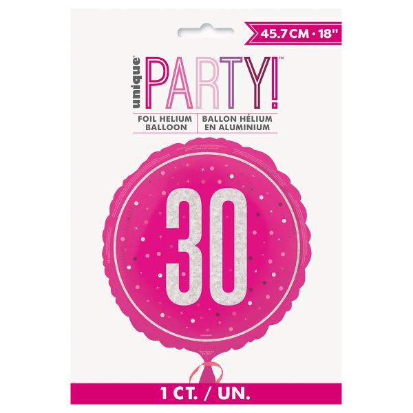Rund Folieballong med Siffran 30 Cerise 45,7 cm