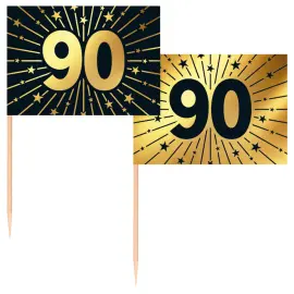 Partypicks 90 år Guld/Svart 50-pack