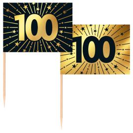 Partypicks 100 år Guld/Svart 50-pack