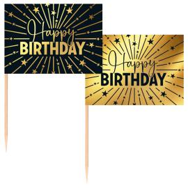 Partypicks Happy Birthday Guld/Svart 50-pack