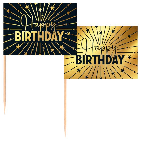 Partypicks Happy Birthday Guld/Svart 50-pack