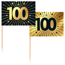 Partypicks 100 år Guld/Svart 50-pack