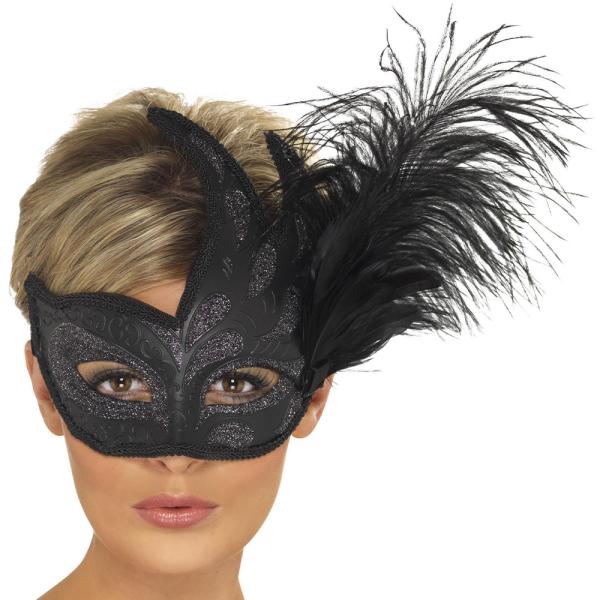 Colombina Svart Ögonmask med Fjädrar