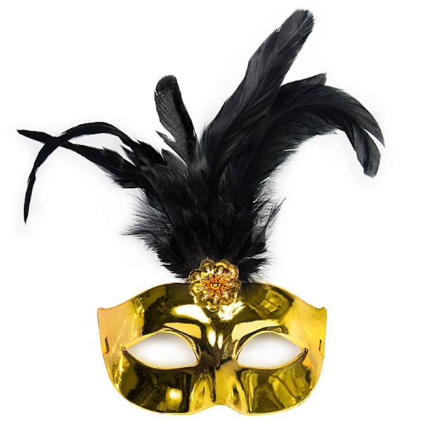 Guldig Teatermask med Svarta Fjädrar