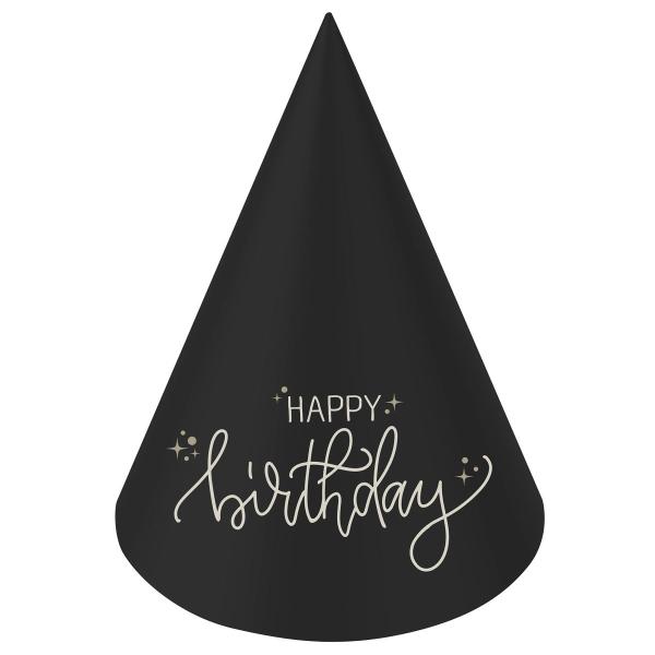 Partyhattar Happy Birthday Svart/Krämvit 6-pack