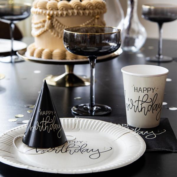 Partyhattar Happy Birthday Svart/Krämvit 6-pack