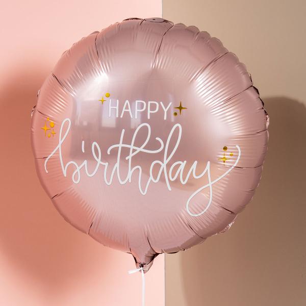 Rund Folieballong Happy Birthday Krämrosa
