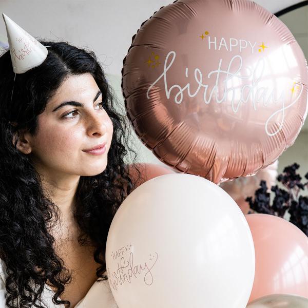 Rund Folieballong Happy Birthday Krämrosa