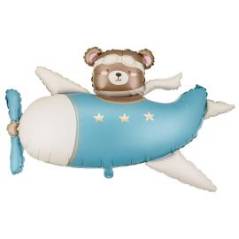 Folieballong Bj&ouml;rn i Flygplan Ljusbl&aring; 94 x 61 cm