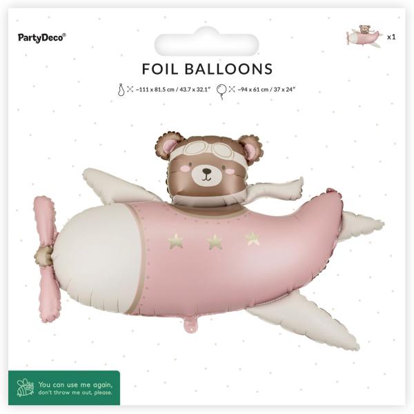 Folieballong Björn i Flygplan Ljusrosa 94 x 61 cm