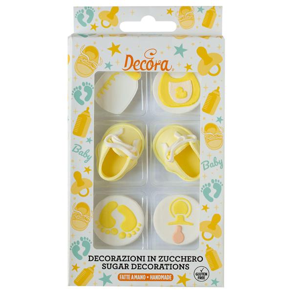 Sockerdekorationer Baby Shower Gul/Vit 6-pack