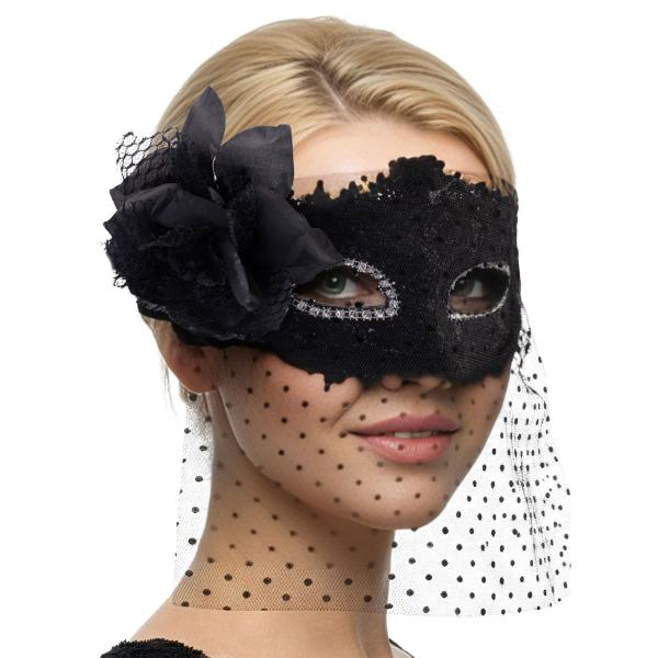 Ögonmask med Slöja & Blomma Svart