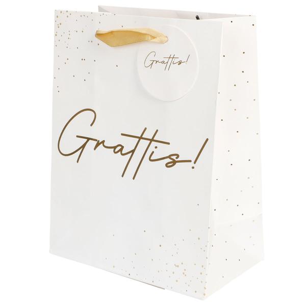 Presentpåse Grattis! Vit/Guld
