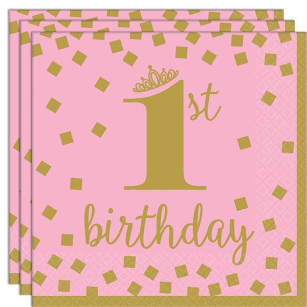 1st Birthday Servetter Rosa och Guld
