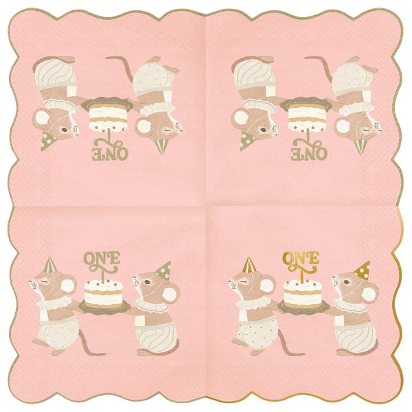 Servetter 1 år Möss Ljusrosa 12-pack