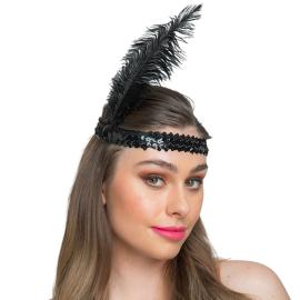 Paljett Pannband med Fjäder Svart