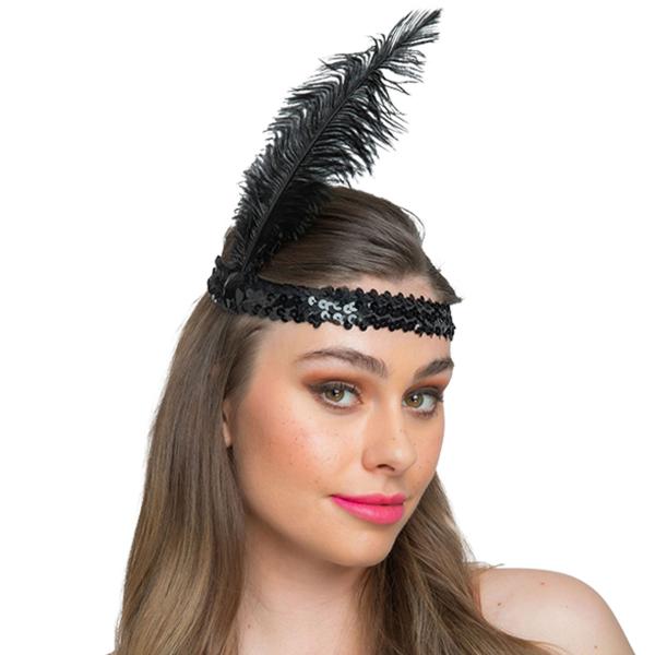 Paljett Pannband med Fjäder Svart