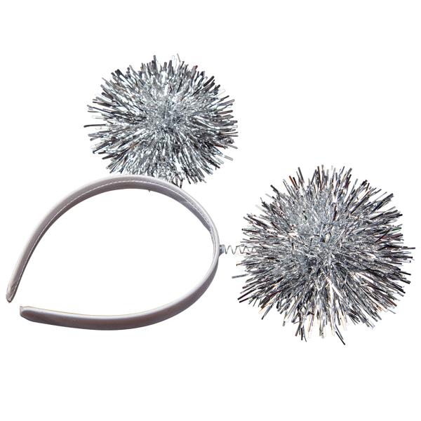 Vitt Diadem med Silvriga Pom Poms
