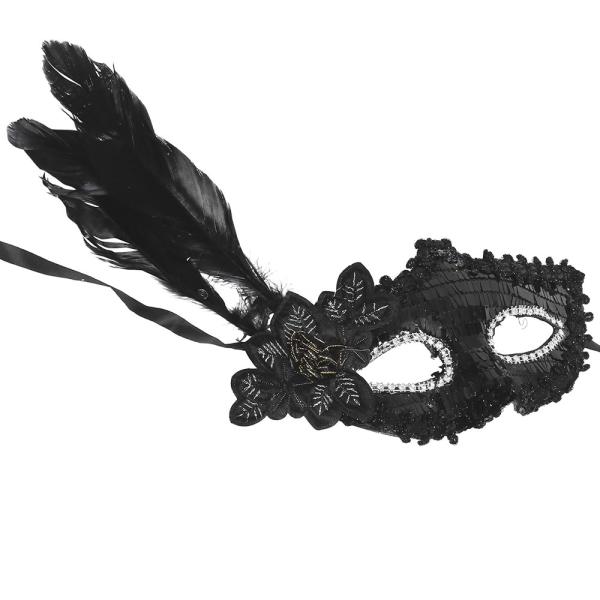 Svart Halvmask med Paljetter & Fjädrar