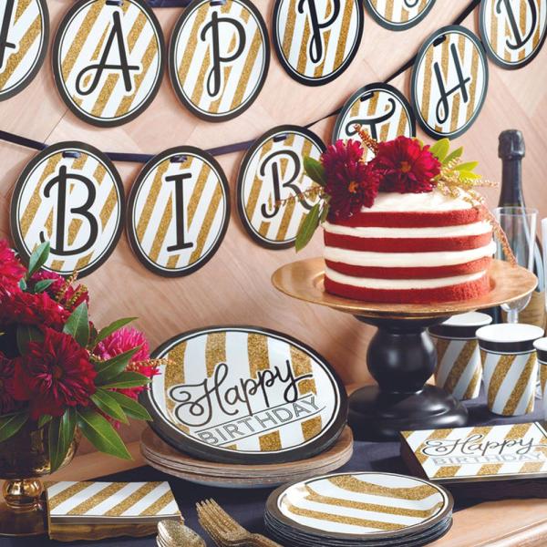 Happy Birthday Papptallrikar Black & Gold