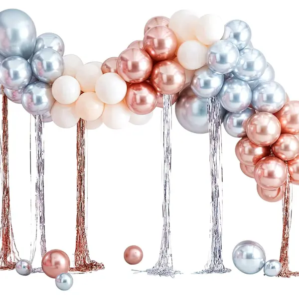 Ballongbåge med Girlanger Kit Silver/Roséguld/Vit
