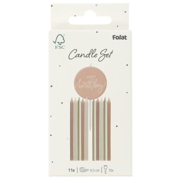 Tårtljus Happy Birthday Krämrosa/Grön/Krämgul 11-pack