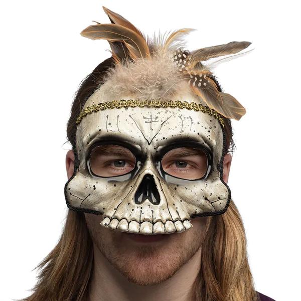 Voodoo Halfmask Dödskalle med Fjädrar