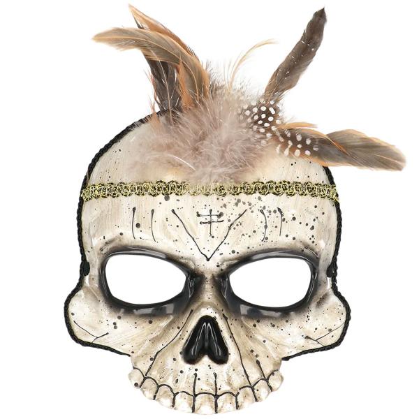 Voodoo Halfmask Dödskalle med Fjädrar