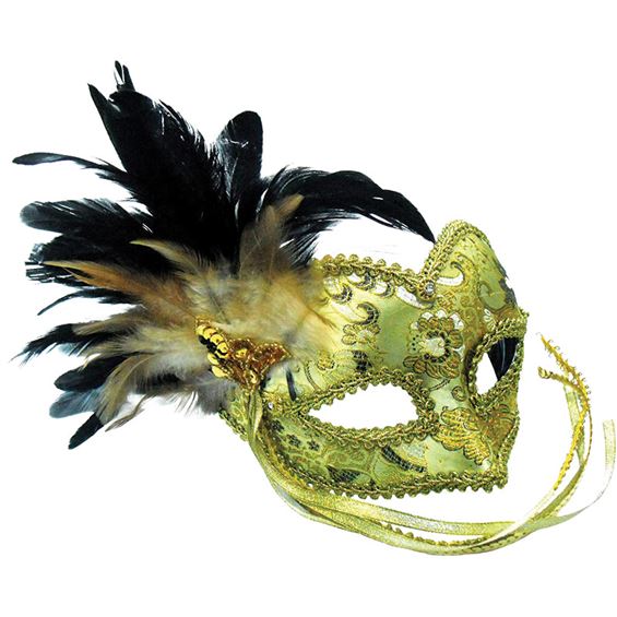 Läs mer om Guldig Venetiansk Mask med Fjädrar