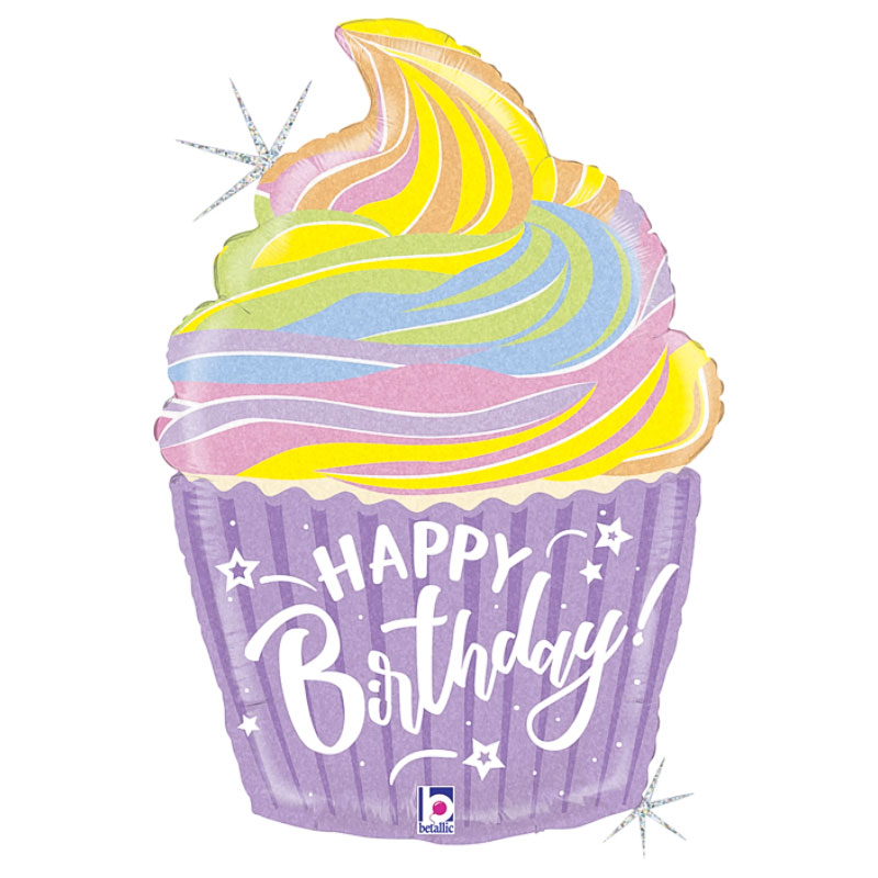 Läs mer om Happy Birthday Cupcake Ballong Holografisk