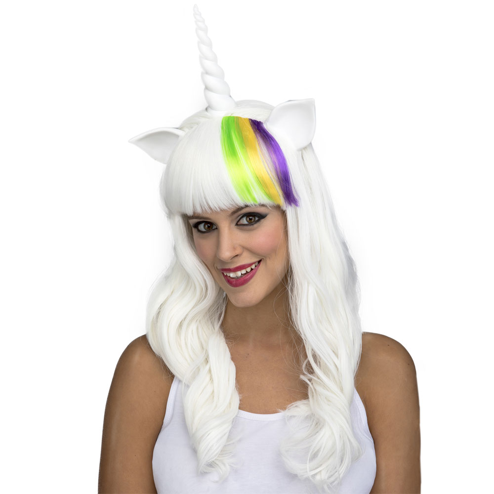 Vit Unicorn Peruk med Horn