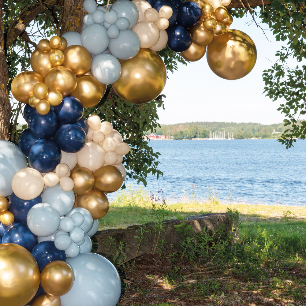 Läs mer om Ballongbåge Kit Guld/Blå/Sandfärg