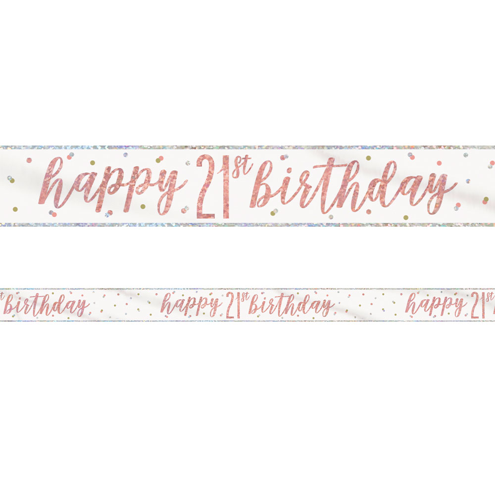 Läs mer om Happy 21th Birthday Banderoll Vit & Roséguld