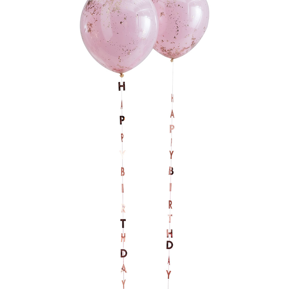 Läs mer om Ballongsvans Roséguld Happy Birthday 5-Pack