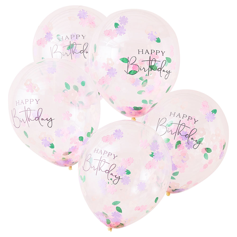 Läs mer om Konfettiballong Blommor Happy Birthday 5-Pack