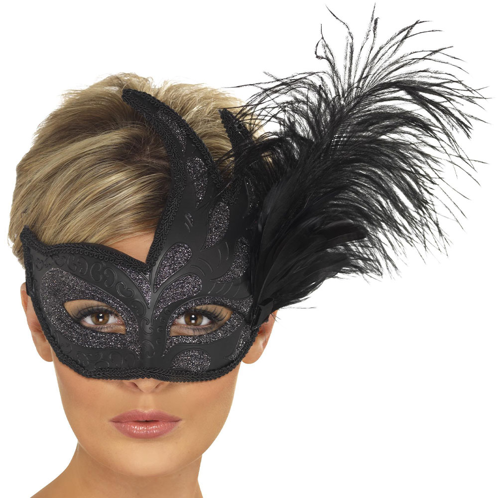 Colombina Svart Ögonmask med Fjädrar | Högtider - Halloween - Halloween masker | Maskeradspecialisten