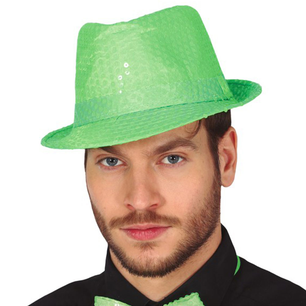 Gangsterhatt med Paljetter Neongrön | Högtider - Fler Högtider - st patricks day - st patricks day utklädnad | Party Outlet
