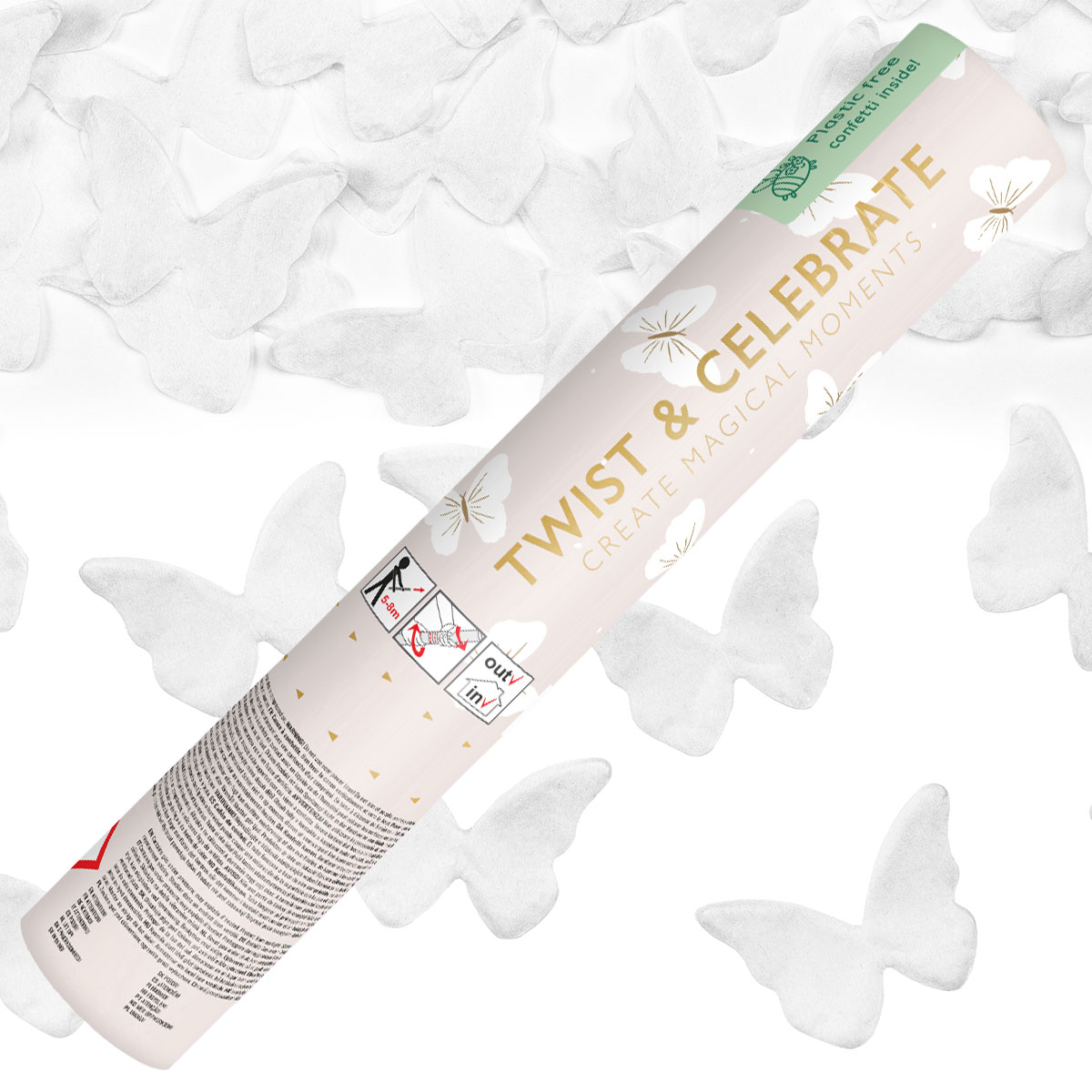 Konfettikanon Vita Fjärilar 20 cm | Festartiklar - Dekoration - Konfetti - Konfettikanoner | Maskeradspecialisten