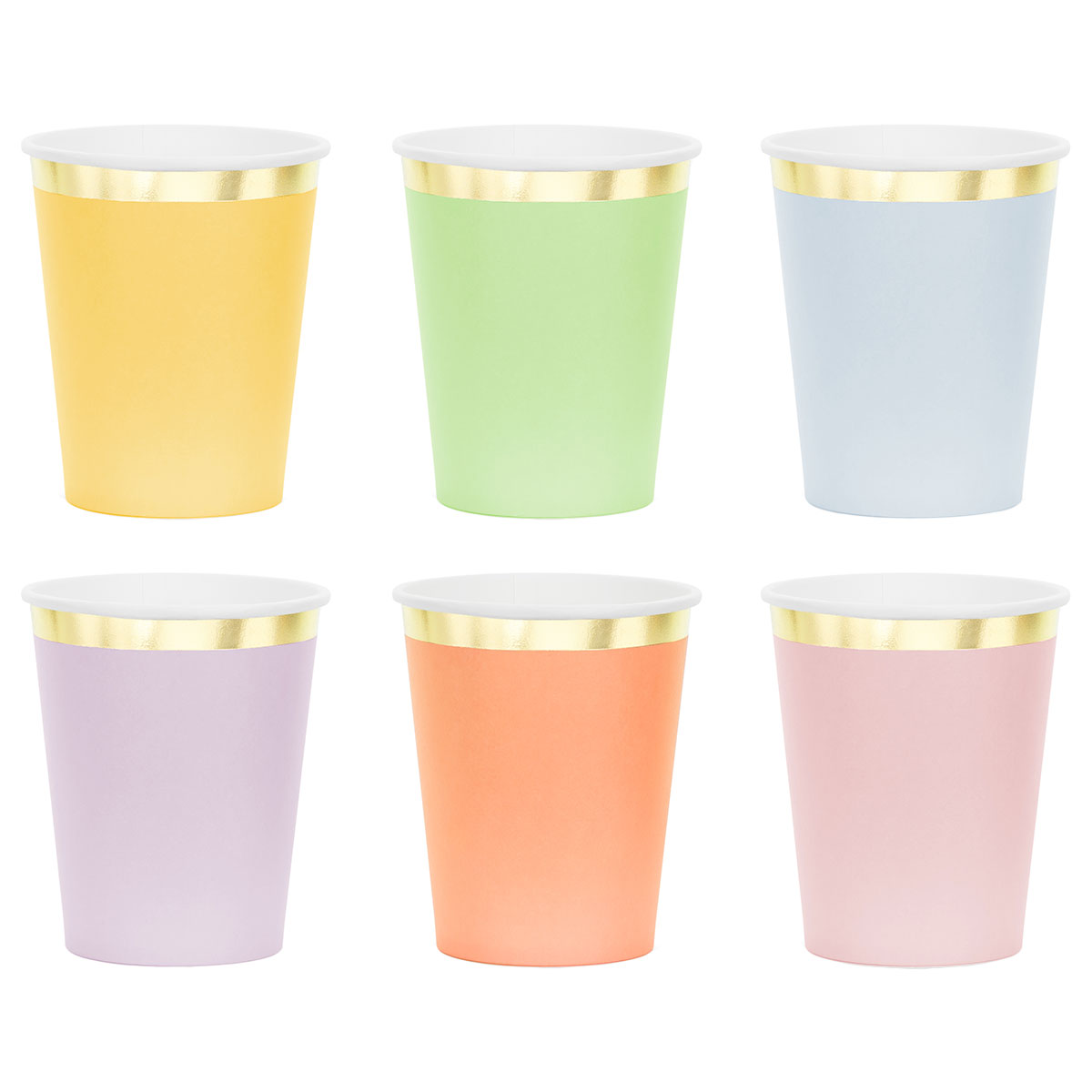 Pappersmuggar Färgmix med Guldkant 6-pack | Kalasteman - Barnkalas - Pastell Kalas | Party Outlet