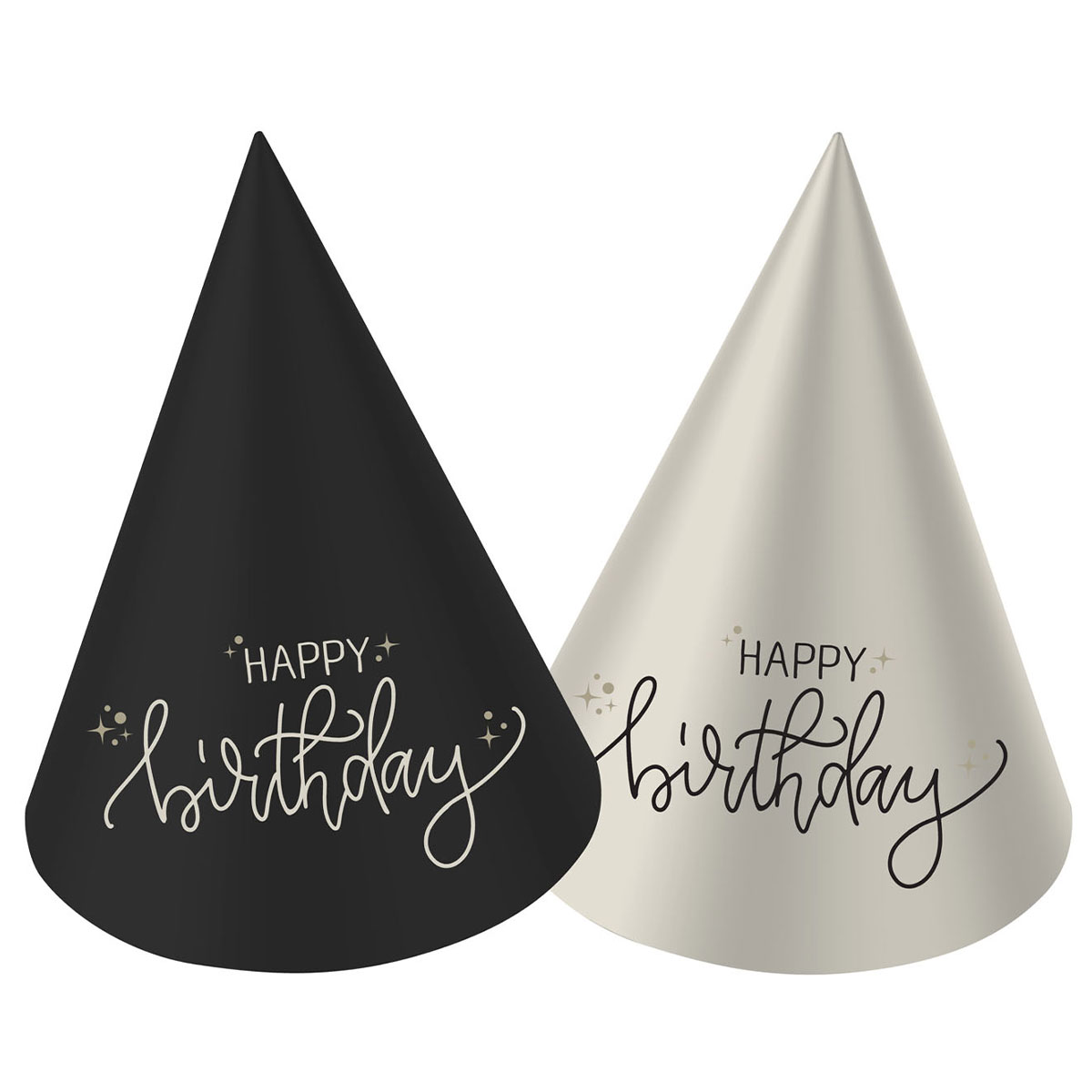 Partyhattar Happy Birthday Svart/Krämvit 6-pack