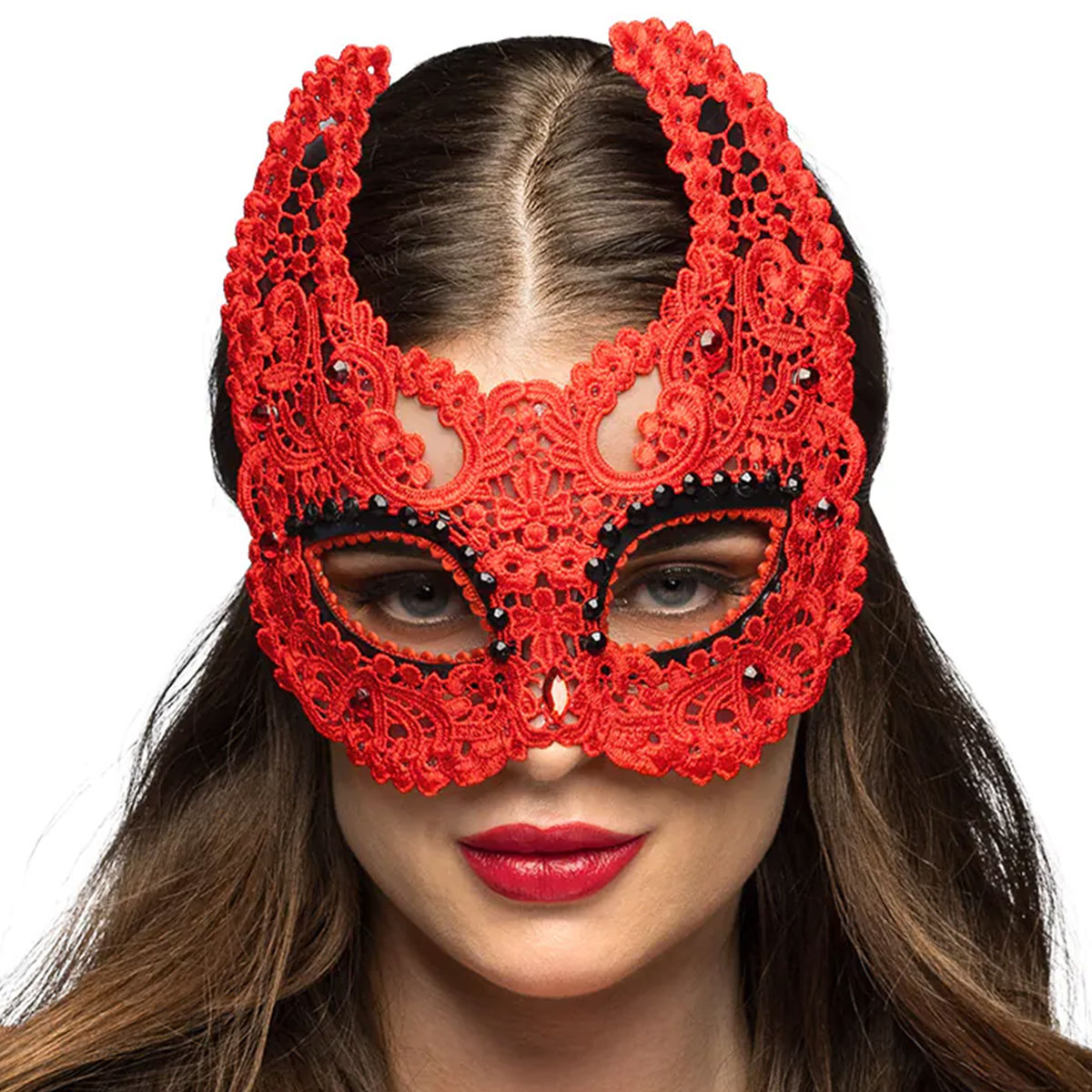 Spets Djävulsmask Röd | Högtider - Halloween - Halloween kostymer - Djävul Maskerad | Party Outlet