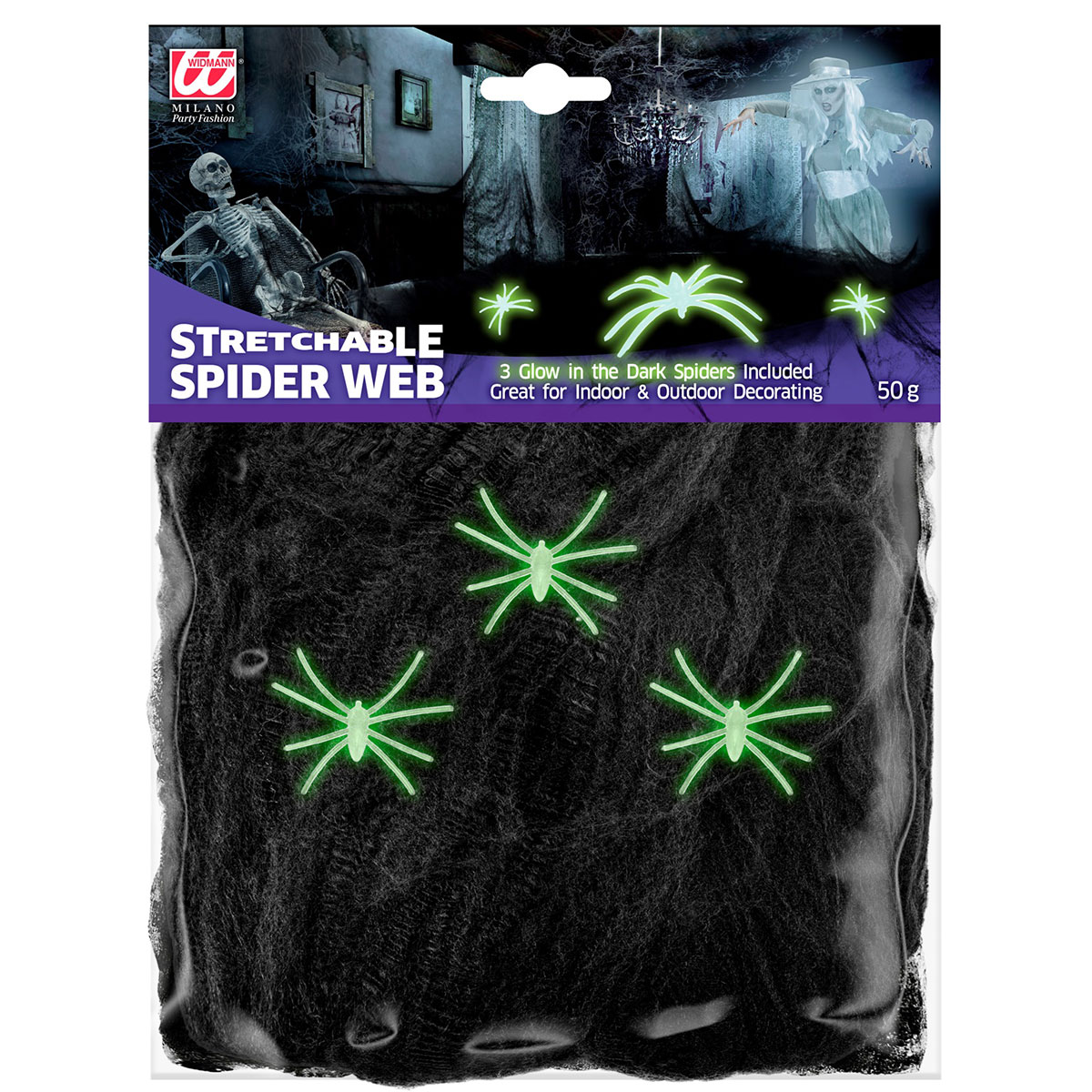Svart Spindelnät med Spindlar 50g | Högtider - Halloween - Halloween dekoration | Party Outlet