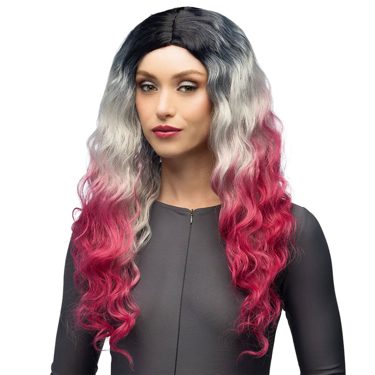 Vågig Svart, Grå & Rosa Ombre Peruk | Högtider - Halloween - Halloween kostymer - Vampyr maskerad | Party Outlet