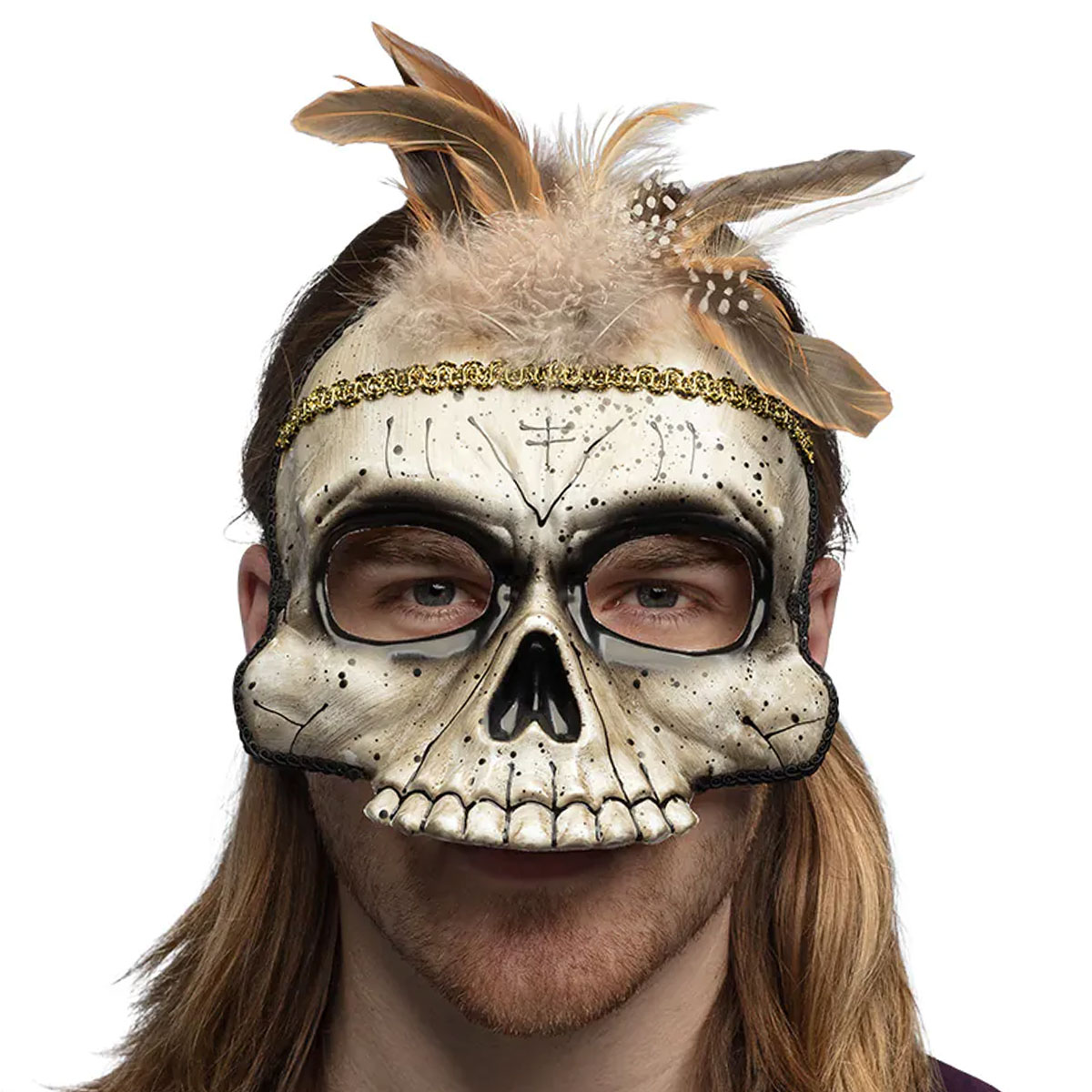 Voodoo Halfmask Dödskalle med Fjädrar | Högtider - Halloween - Halloween tillbehör | Party Outlet